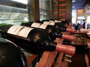 Wine bottles stacked in a rack